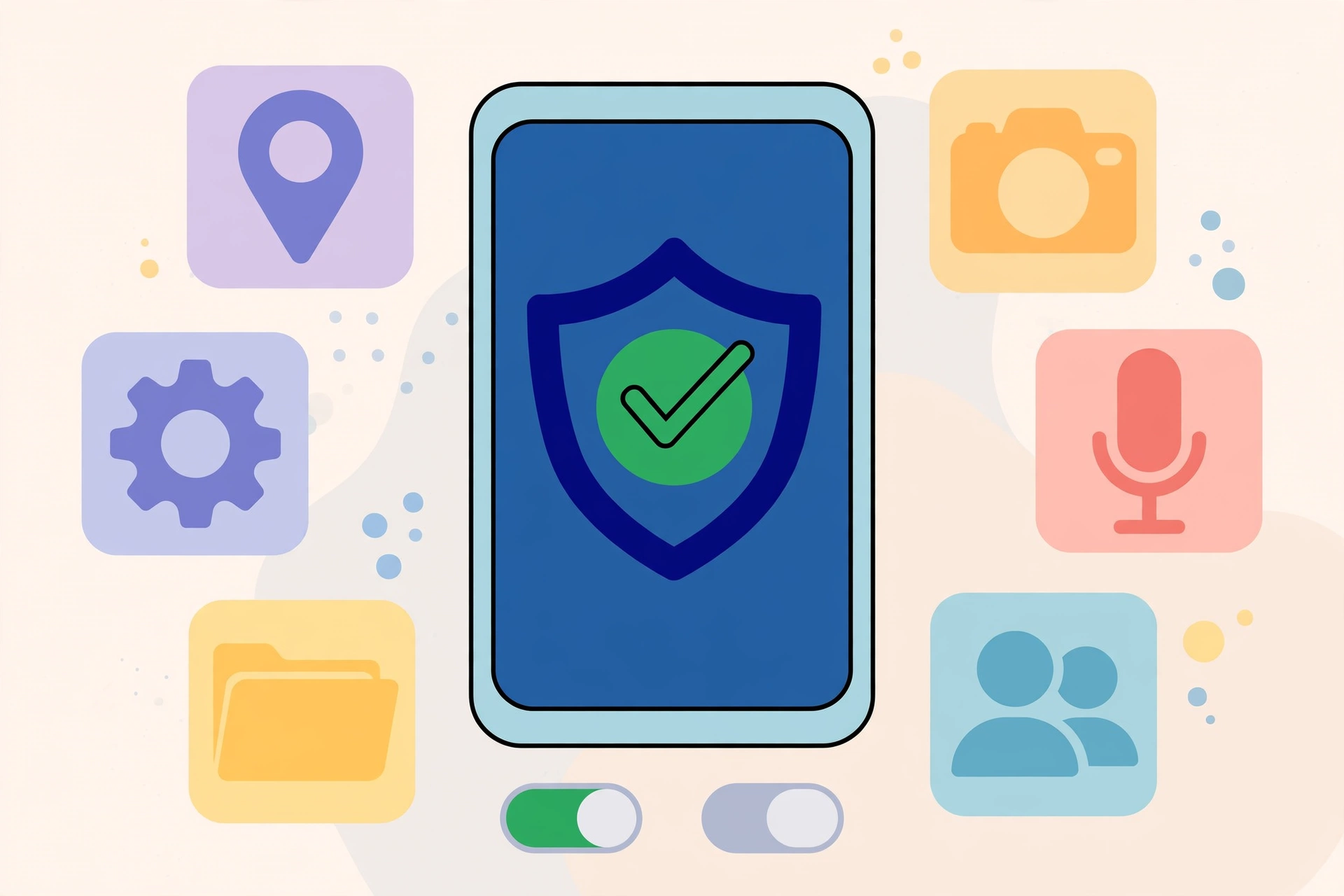 Smartphone with a security shield and checkmark showing app permission safety
