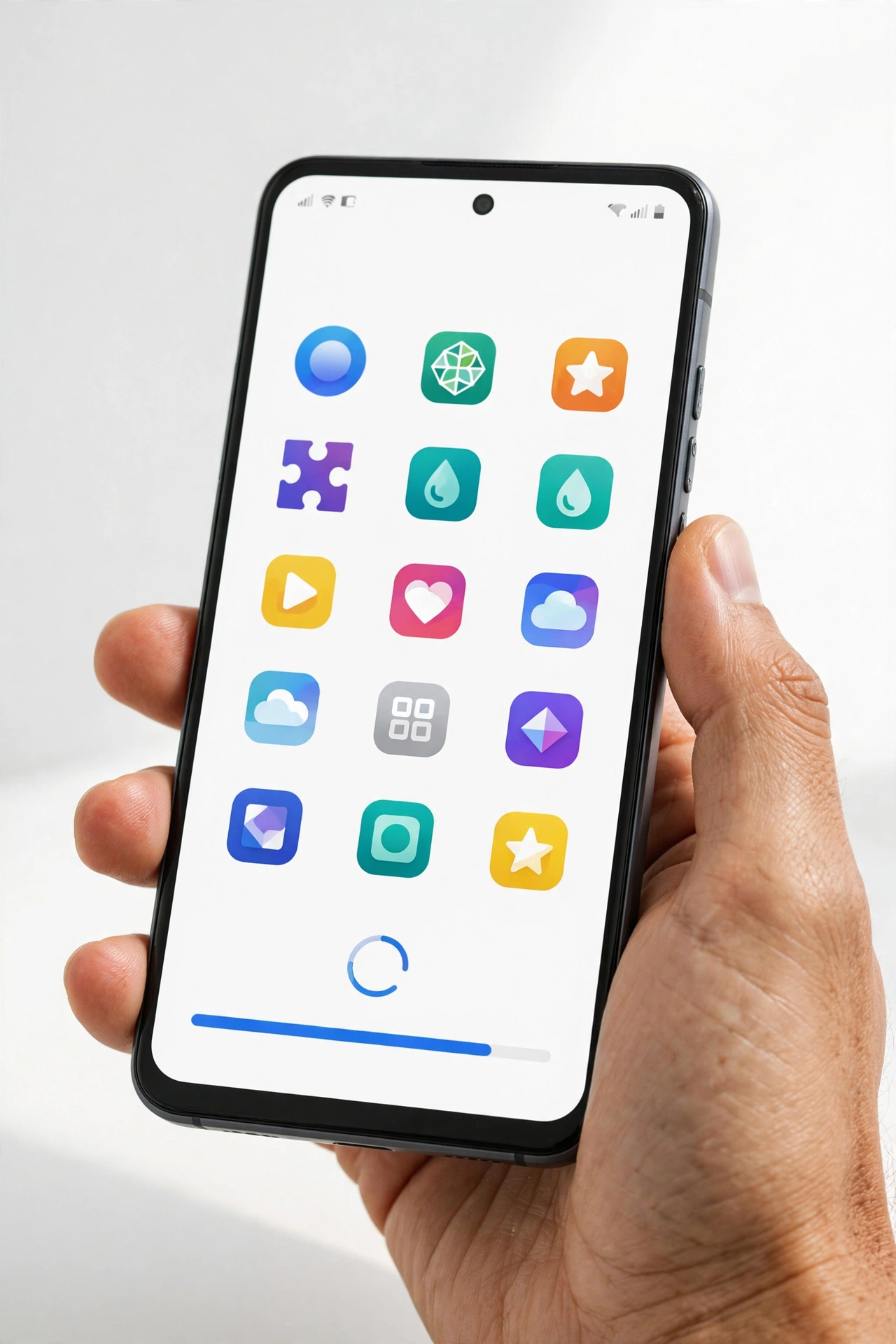 Hand holding an Android phone showing the Google Play Store download screen for a music app