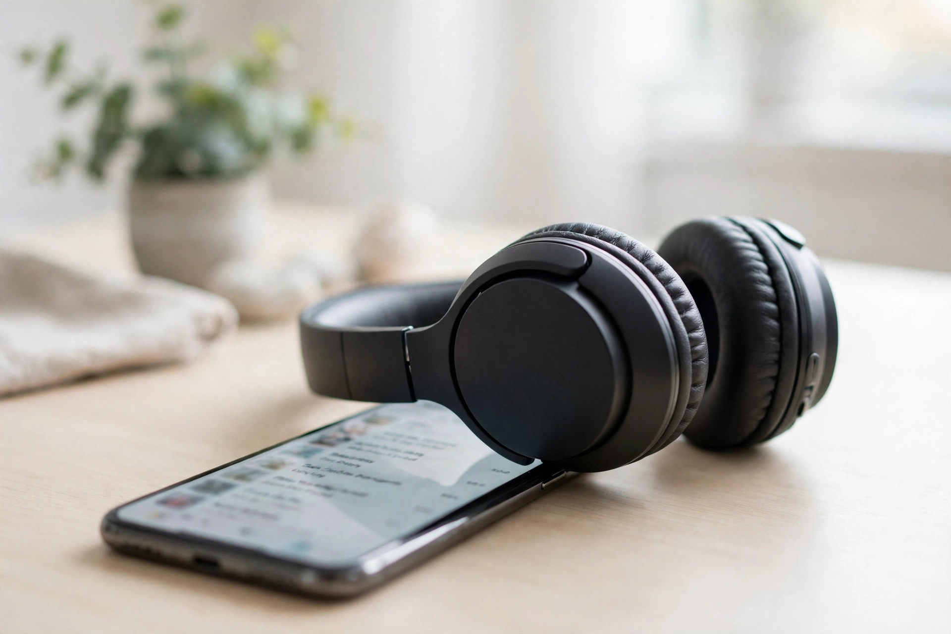 Headphones resting on a smartphone showing a generic music playlist