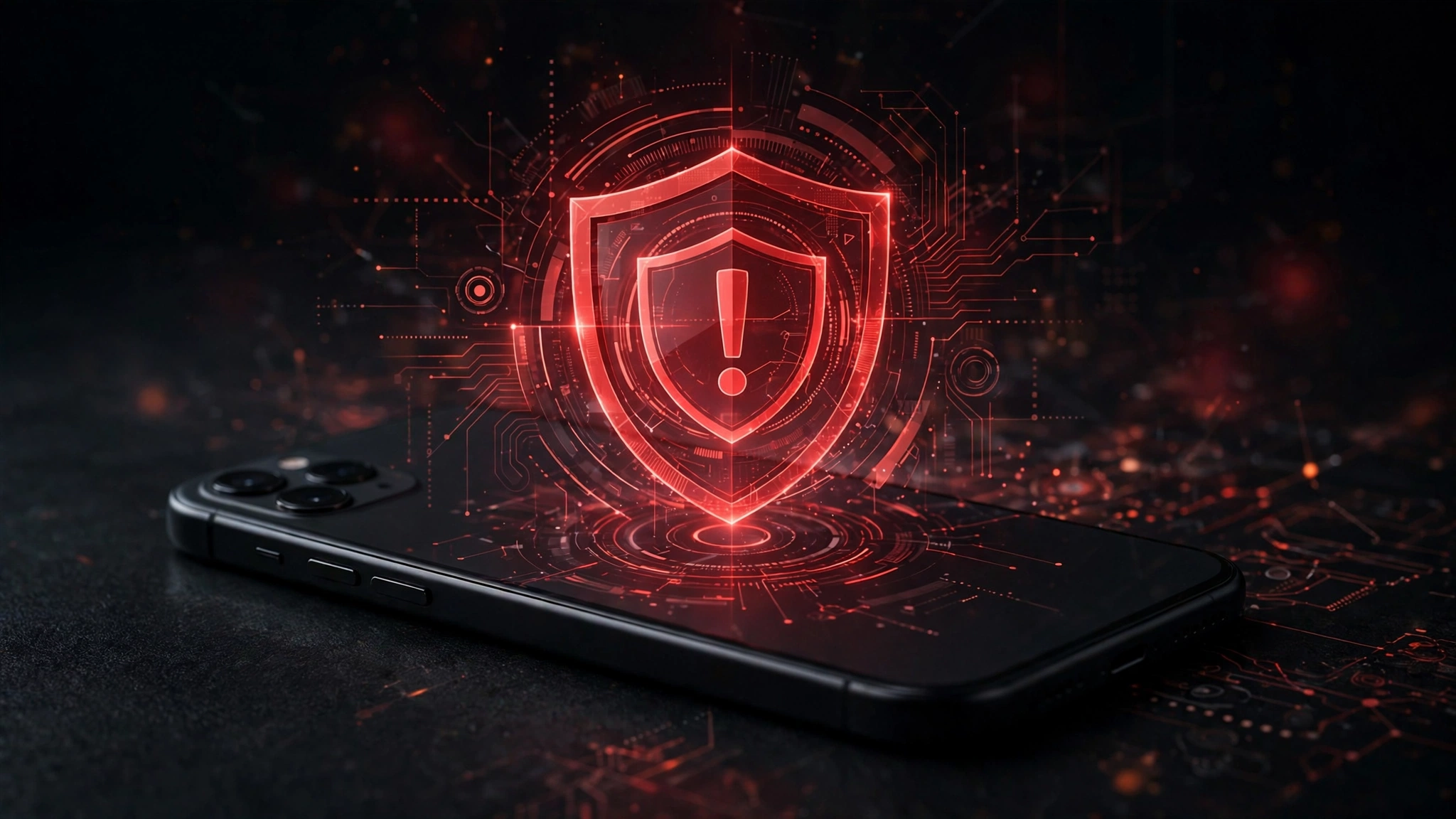 Smartphone with a red shield warning icon, cybersecurity concept