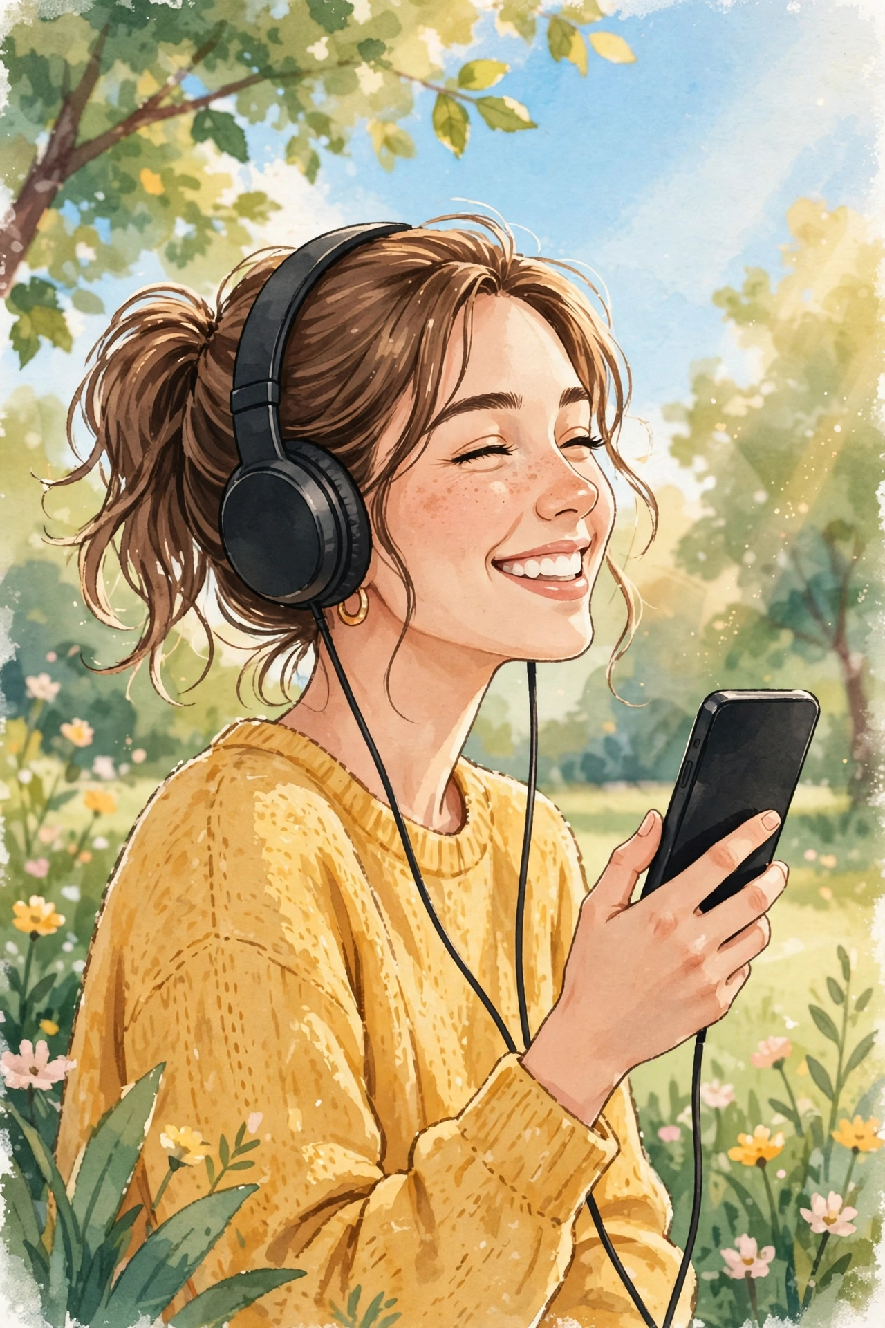 Happy person listening to music on phone with headphones in a bright scene