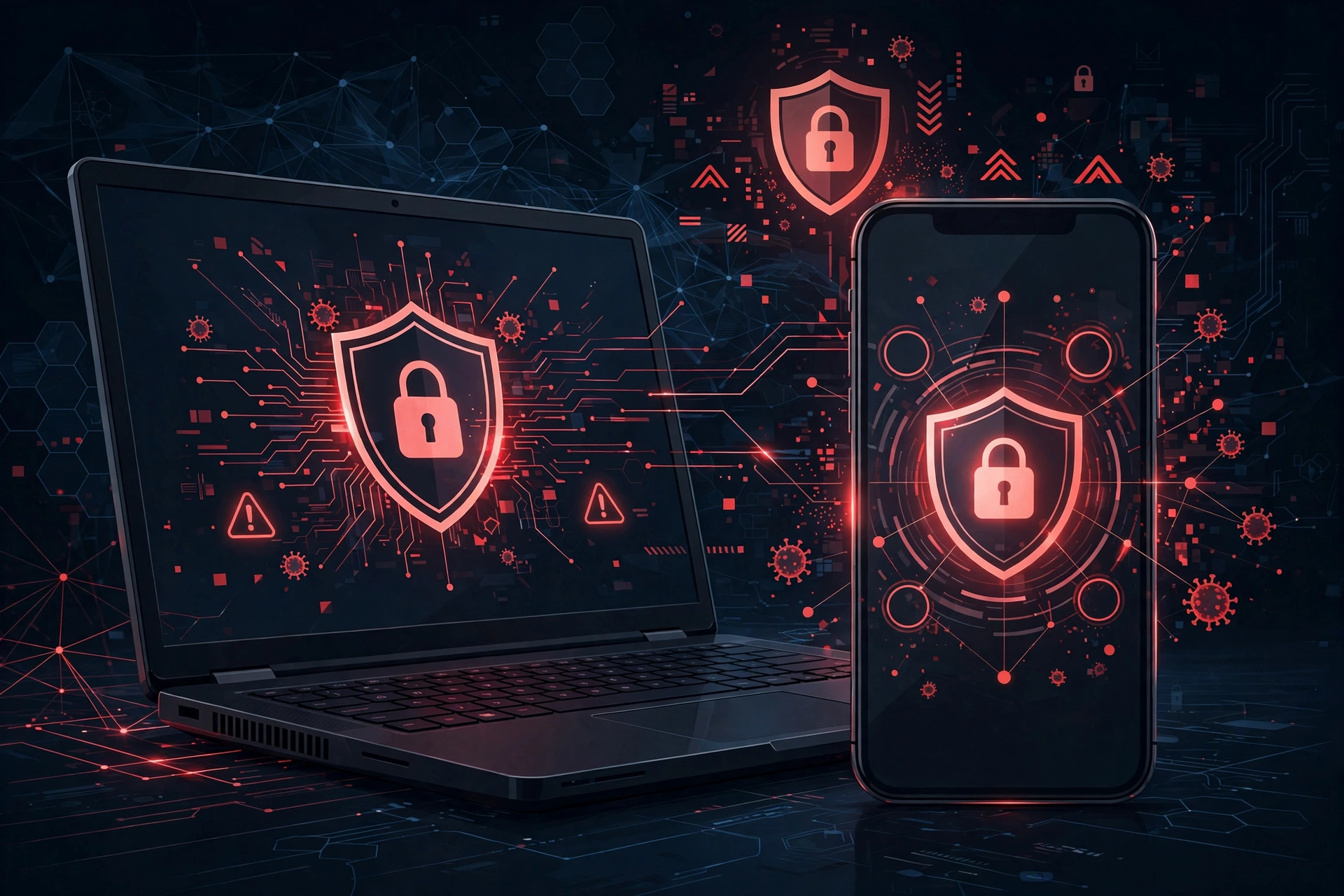 Laptop and phone with shield and malware warning alert illustration