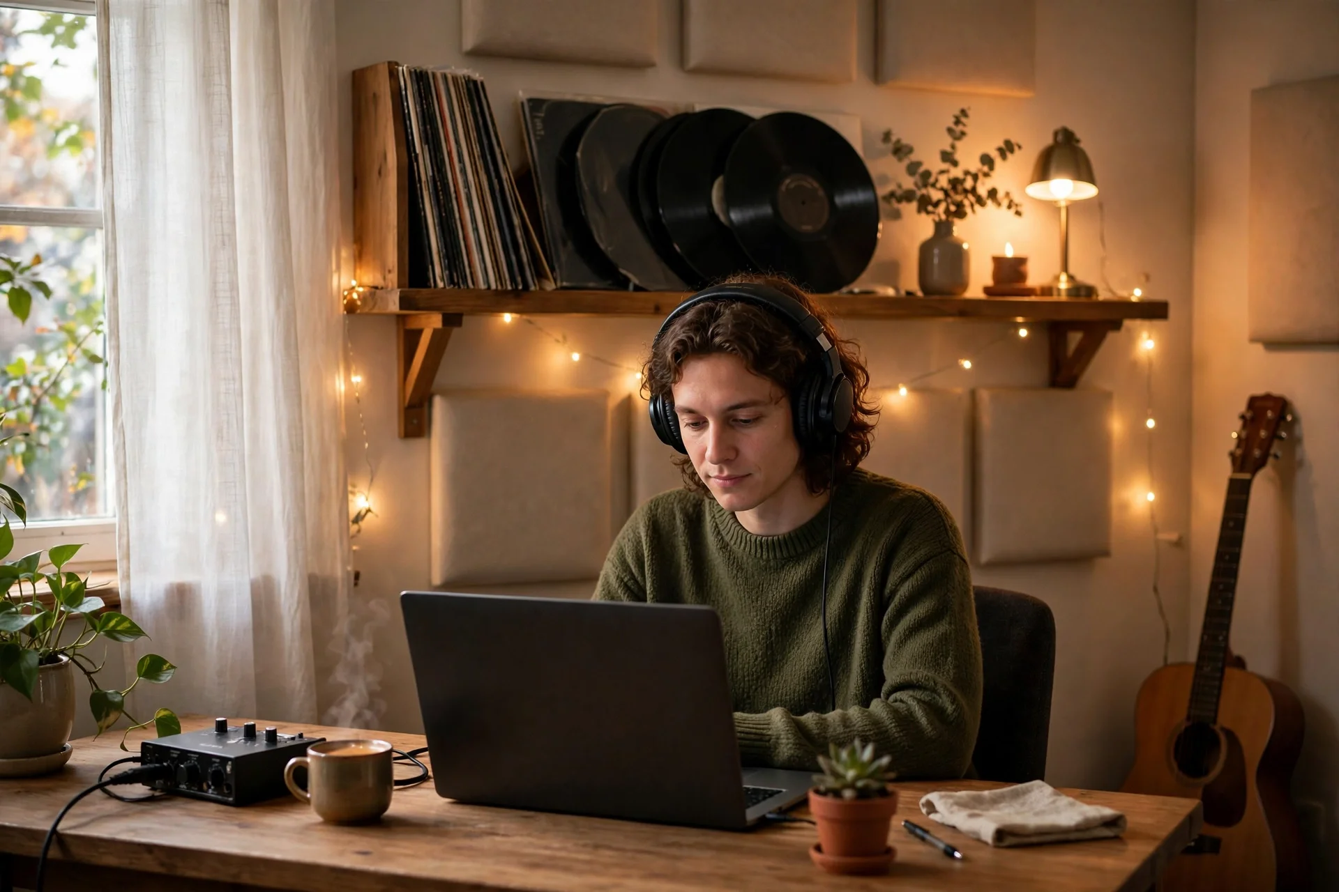 A person at a desk listening to music on a laptop with headphones