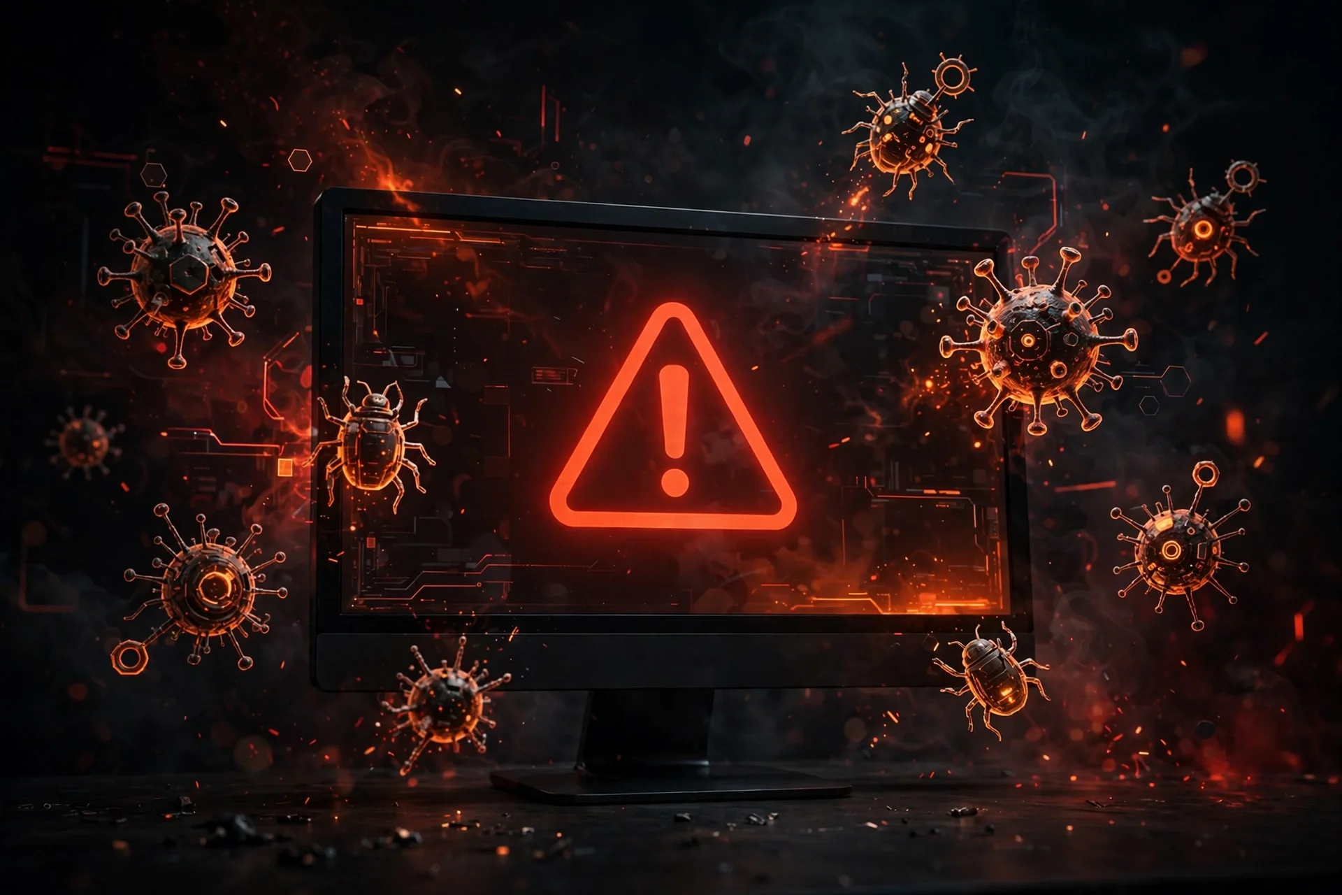 Computer screen with warning symbols representing malware danger from cracked software