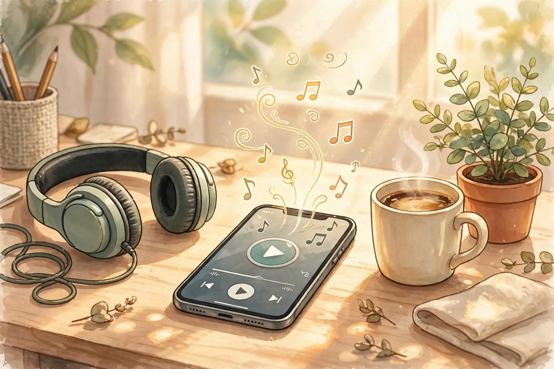 Headphones and smartphone on a bright desk showing safe music streaming