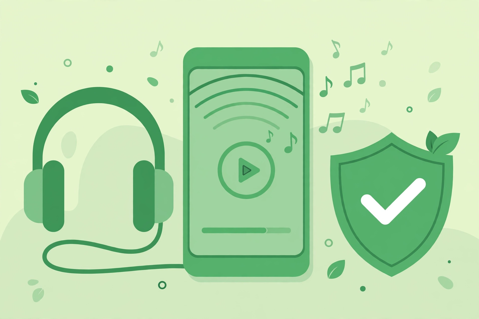 Smartphone playing music with headphones and a checkmark shield, illustrating safe and legal free music streaming options