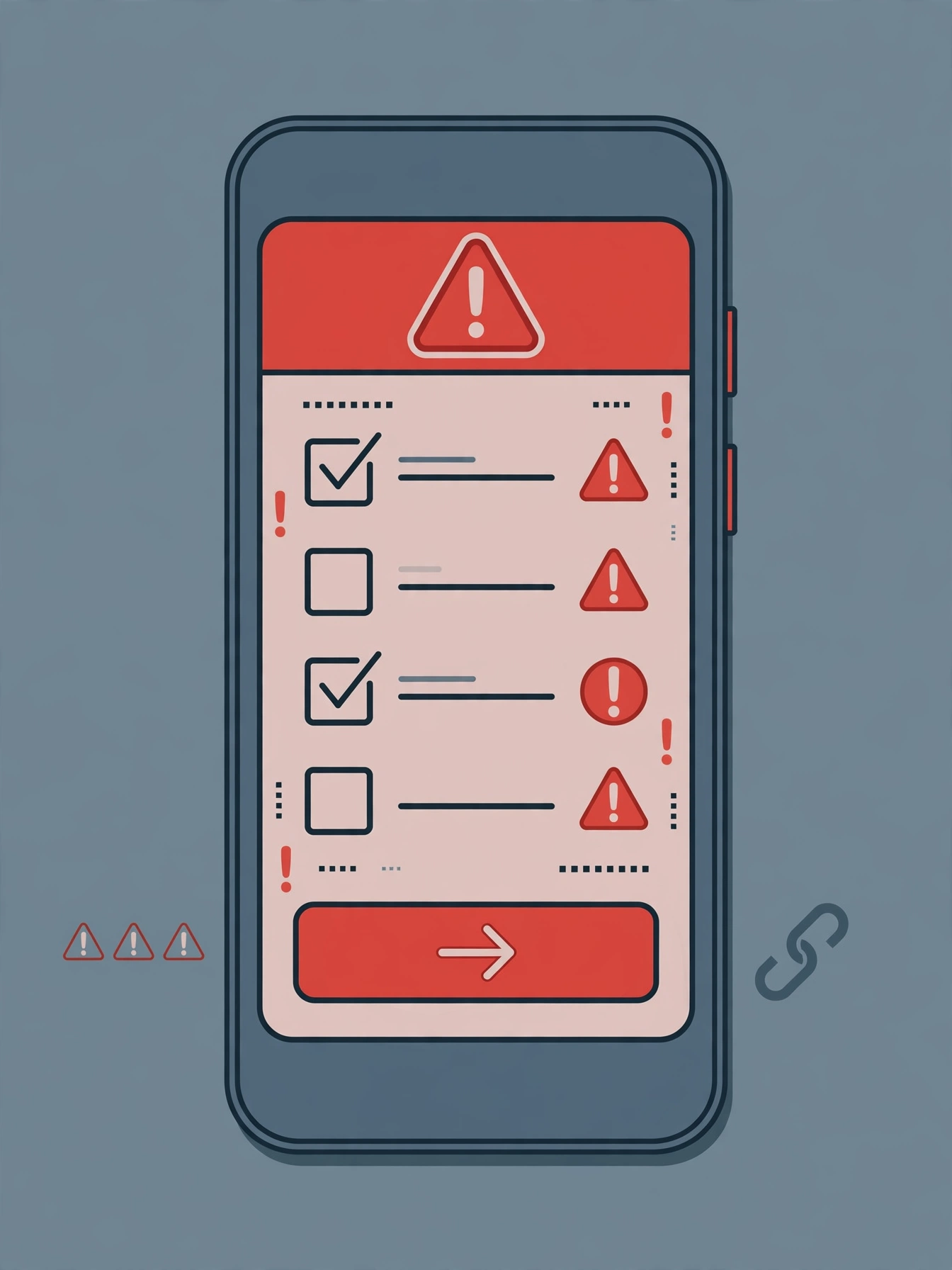 Smartphone showing a deceptive checklist screen with warning signs, illustrating survey scam tactics used by fake free premium offers
