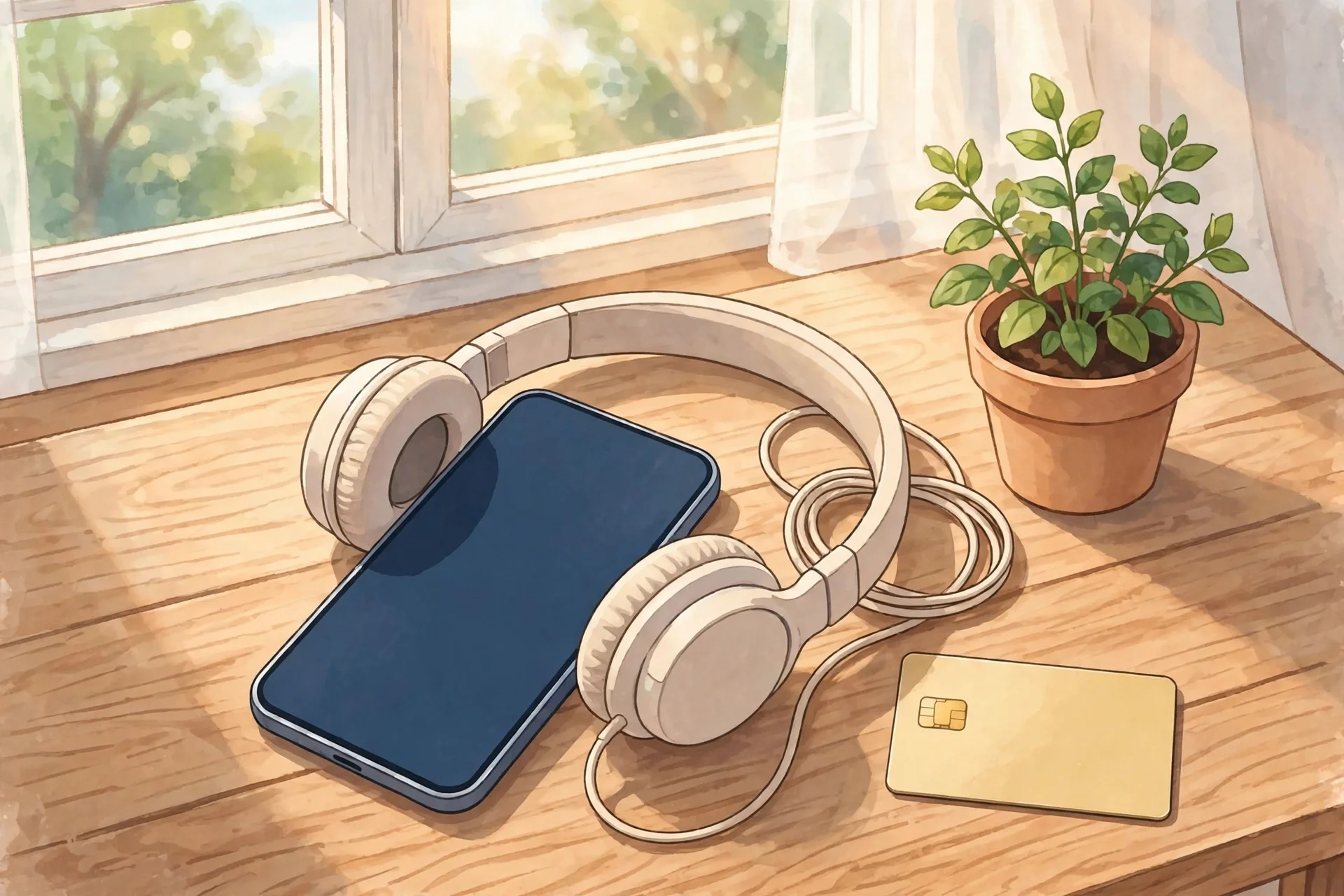 Headphones and smartphone on a sunny table representing legal Spotify subscription options