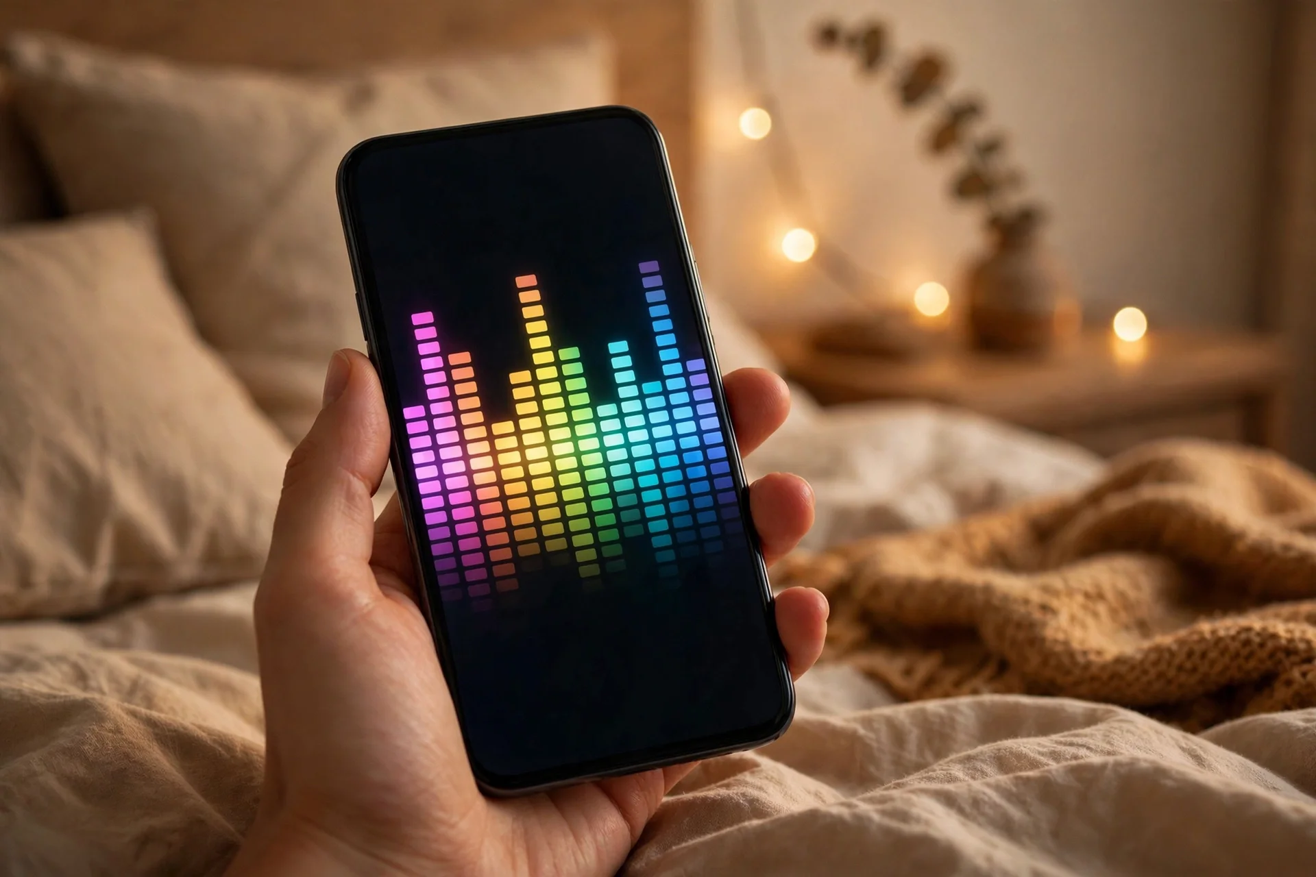 A person listening to music on a smartphone with equalizer visuals
