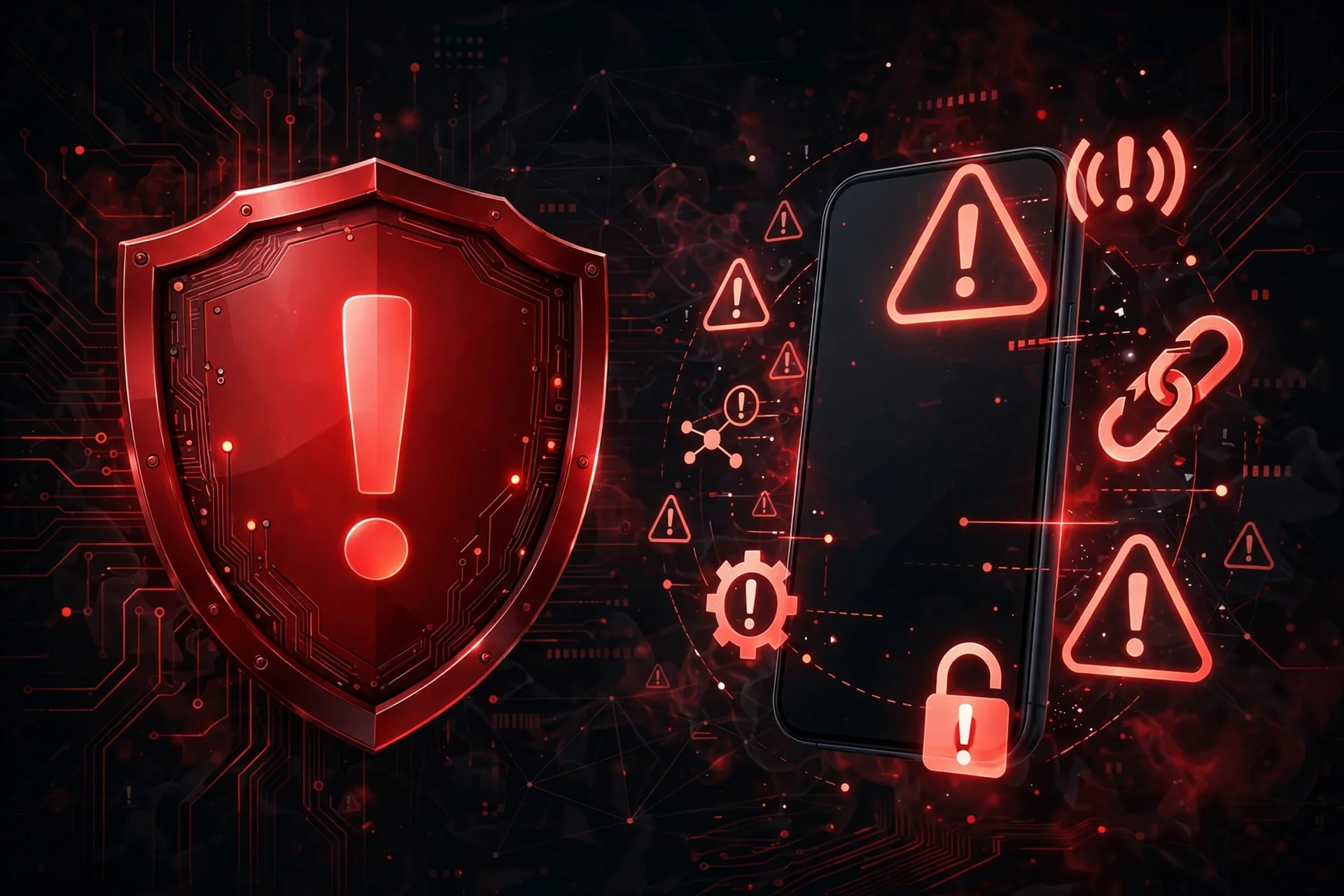 Security warning illustration with a shield and a smartphone showing risk symbols