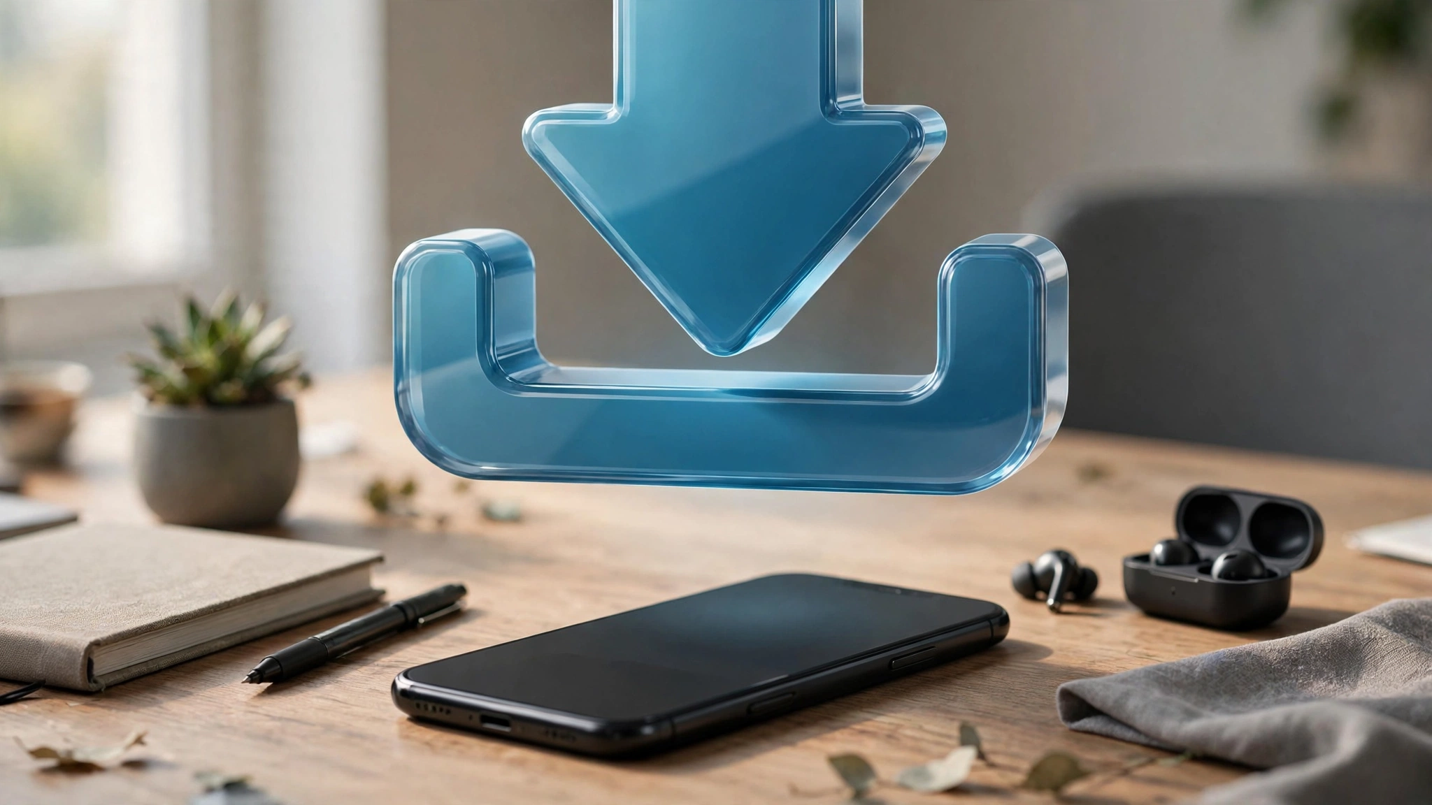 Download arrow graphic above a smartphone, digital download concept