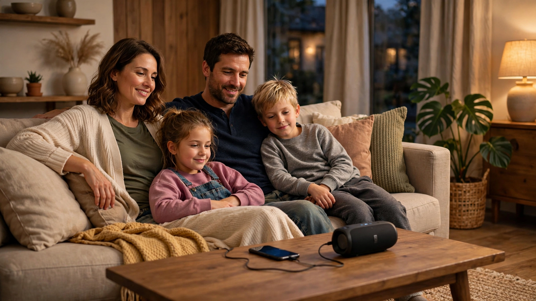 Family relaxing on a couch listening to music from a phone speaker