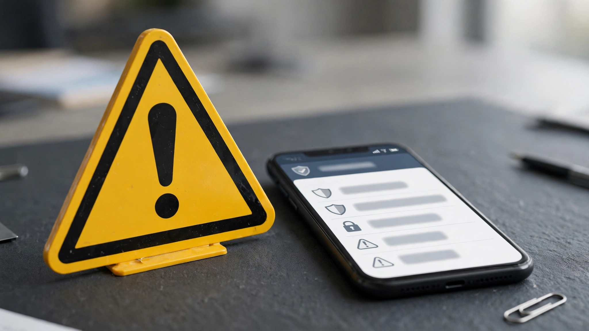 Caution warning sign next to a smartphone, fraud awareness concept
